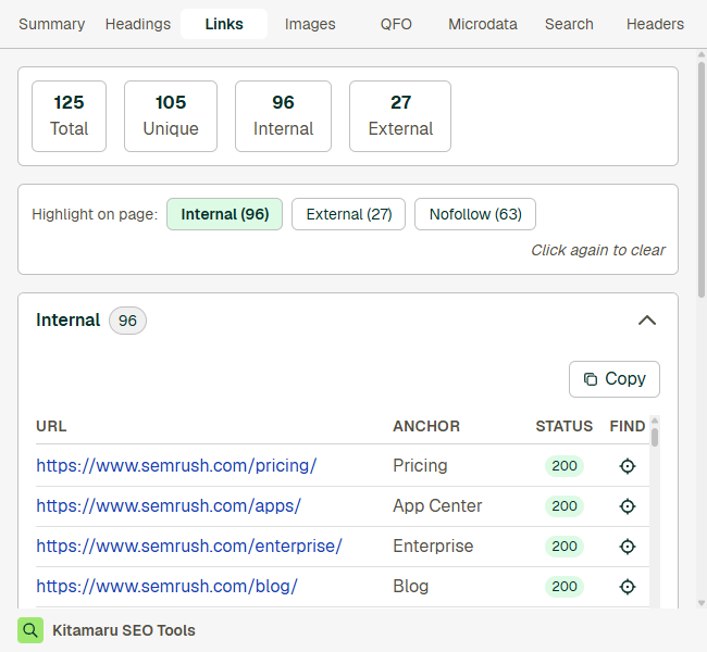 Screenshot extensie Kitamaru SEO Tool cu semnalele SEO ale unei pagini