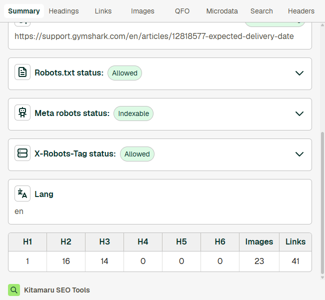 Screenshot extensie Kitamaru SEO Tool cu semnalele SEO ale unei pagini